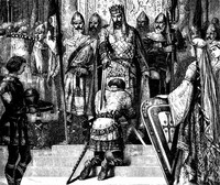 Pasování na rytíře - symbolické uvádění mladého muže do výsostného rytířského stavu. Zdroj: Wikipedie, Alphonse de Neuville